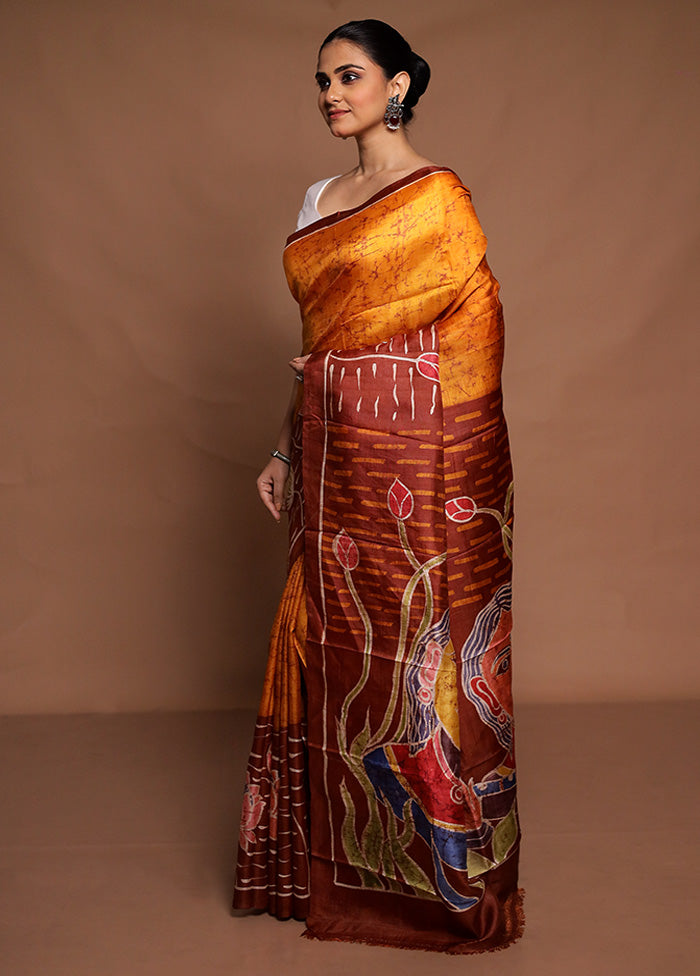 Yellow Printed Pure Silk Saree Without Blouse Piece