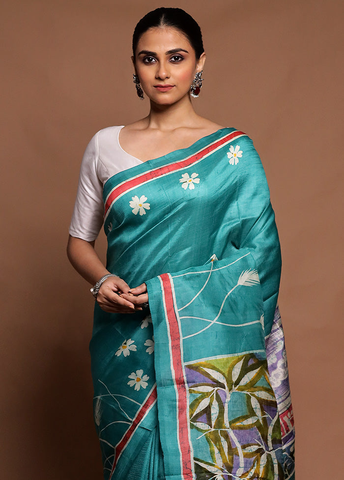 Green Printed Pure Silk Saree Without Blouse Piece