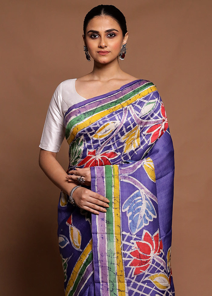 Blue Printed Pure Silk Saree Without Blouse Piece