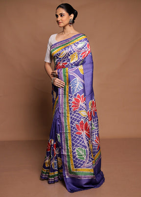 Blue Printed Pure Silk Saree Without Blouse Piece