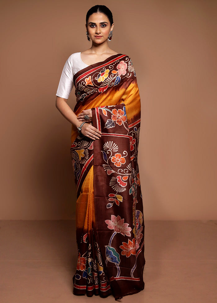 Yellow Printed Pure Silk Saree Without Blouse Piece