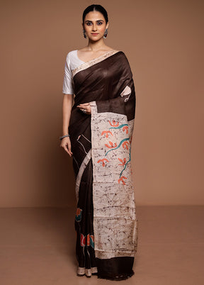 Brown Printed Pure Silk Saree Without Blouse Piece