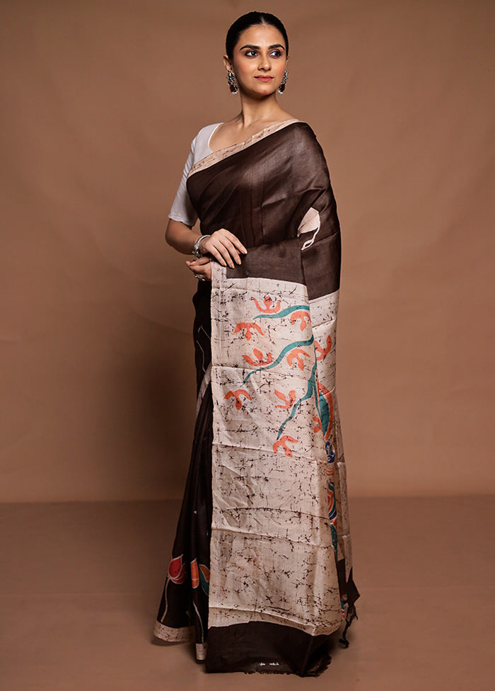 Brown Printed Pure Silk Saree Without Blouse Piece