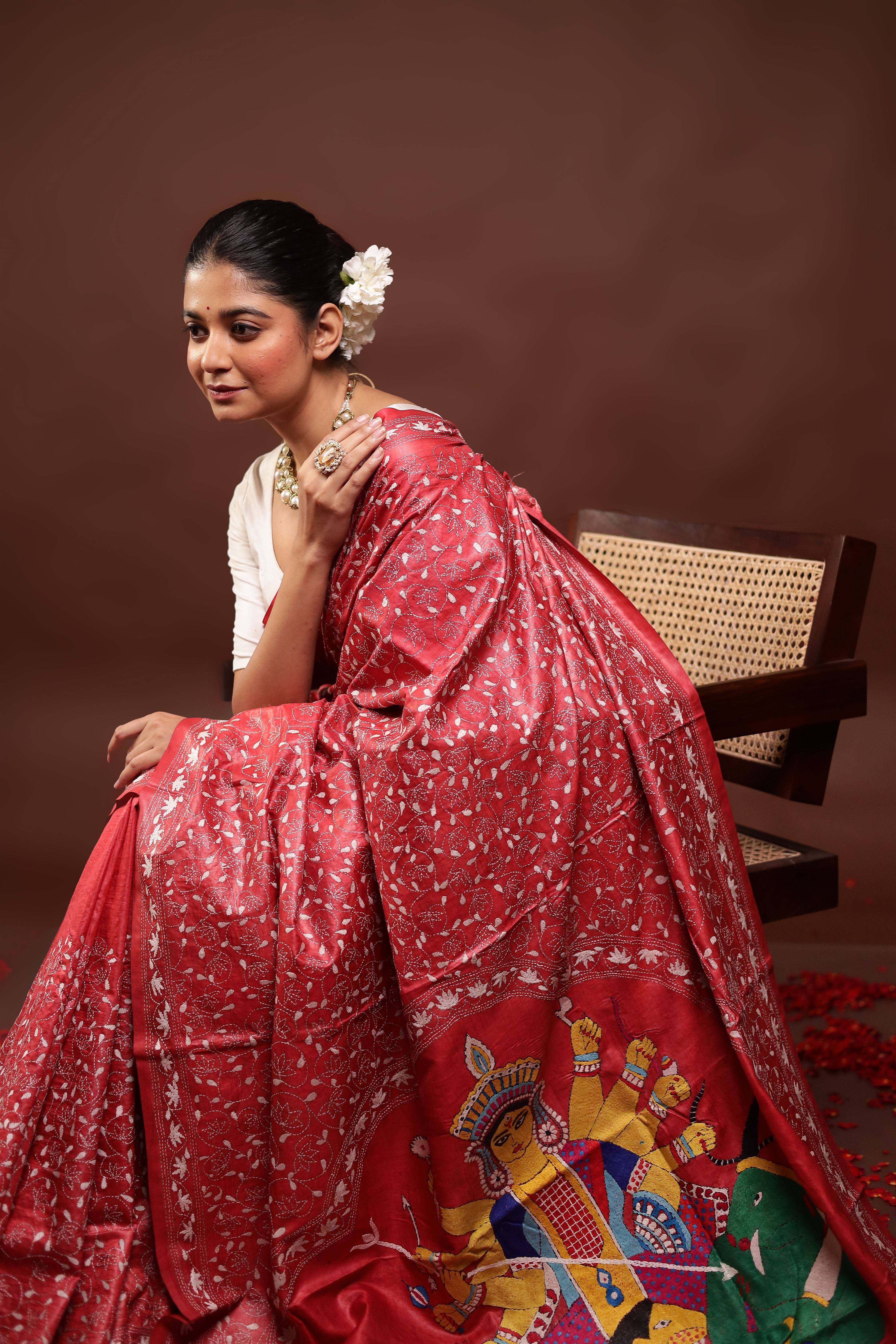 Red Handloom Kantha Stitch Pure Silk Saree With Blouse Piece