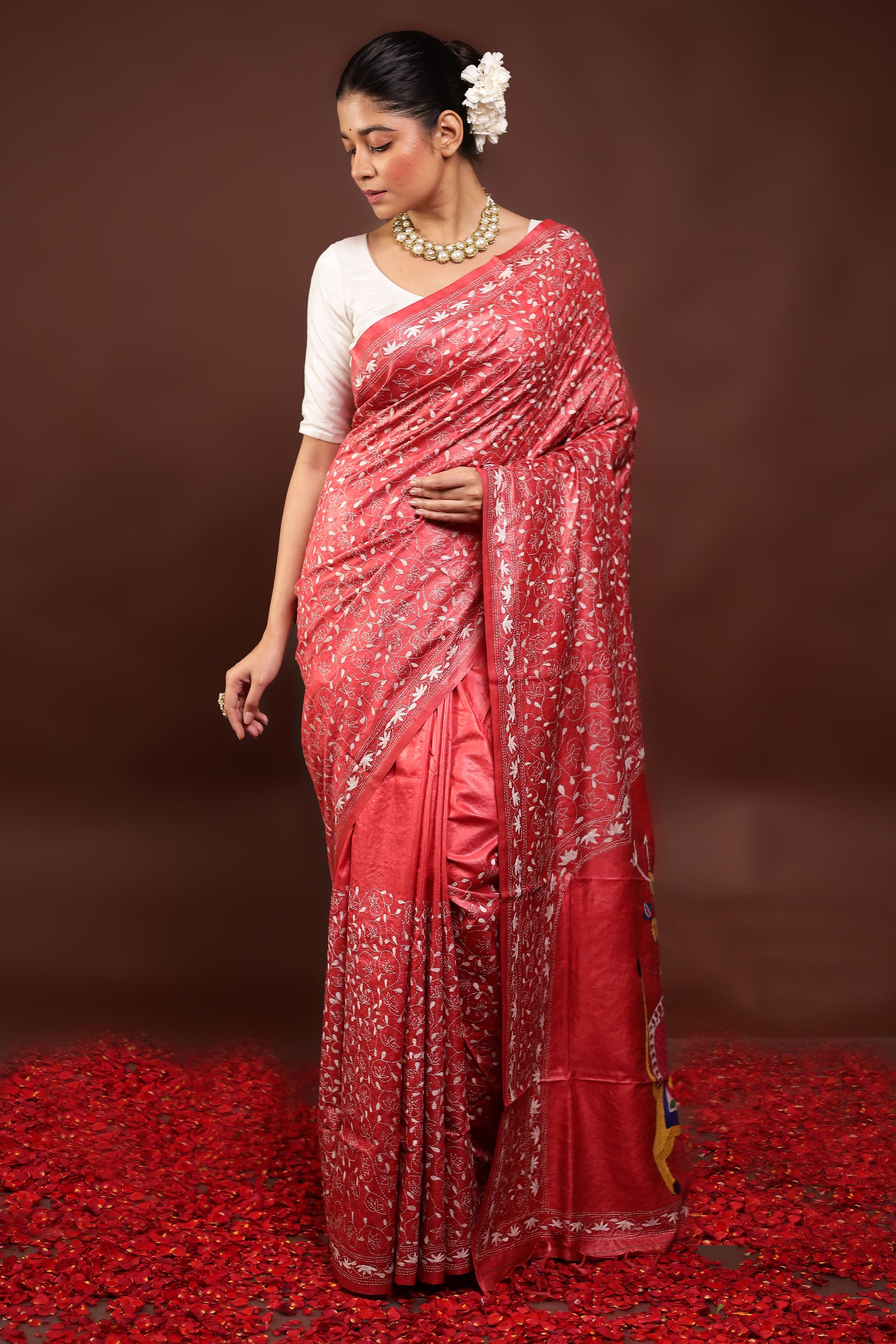 Red Handloom Kantha Stitch Pure Silk Saree With Blouse Piece