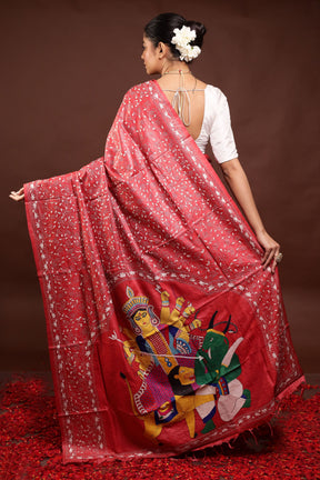 Red Handloom Kantha Stitch Pure Silk Saree With Blouse Piece