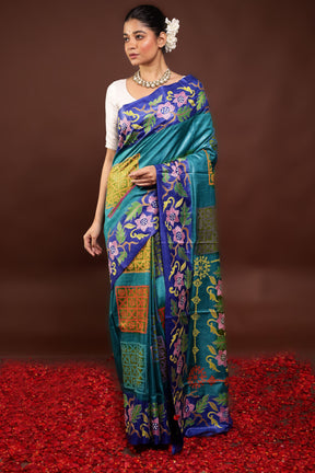 Blue Handloom Kantha Stitch Pure Silk Saree With Blouse Piece