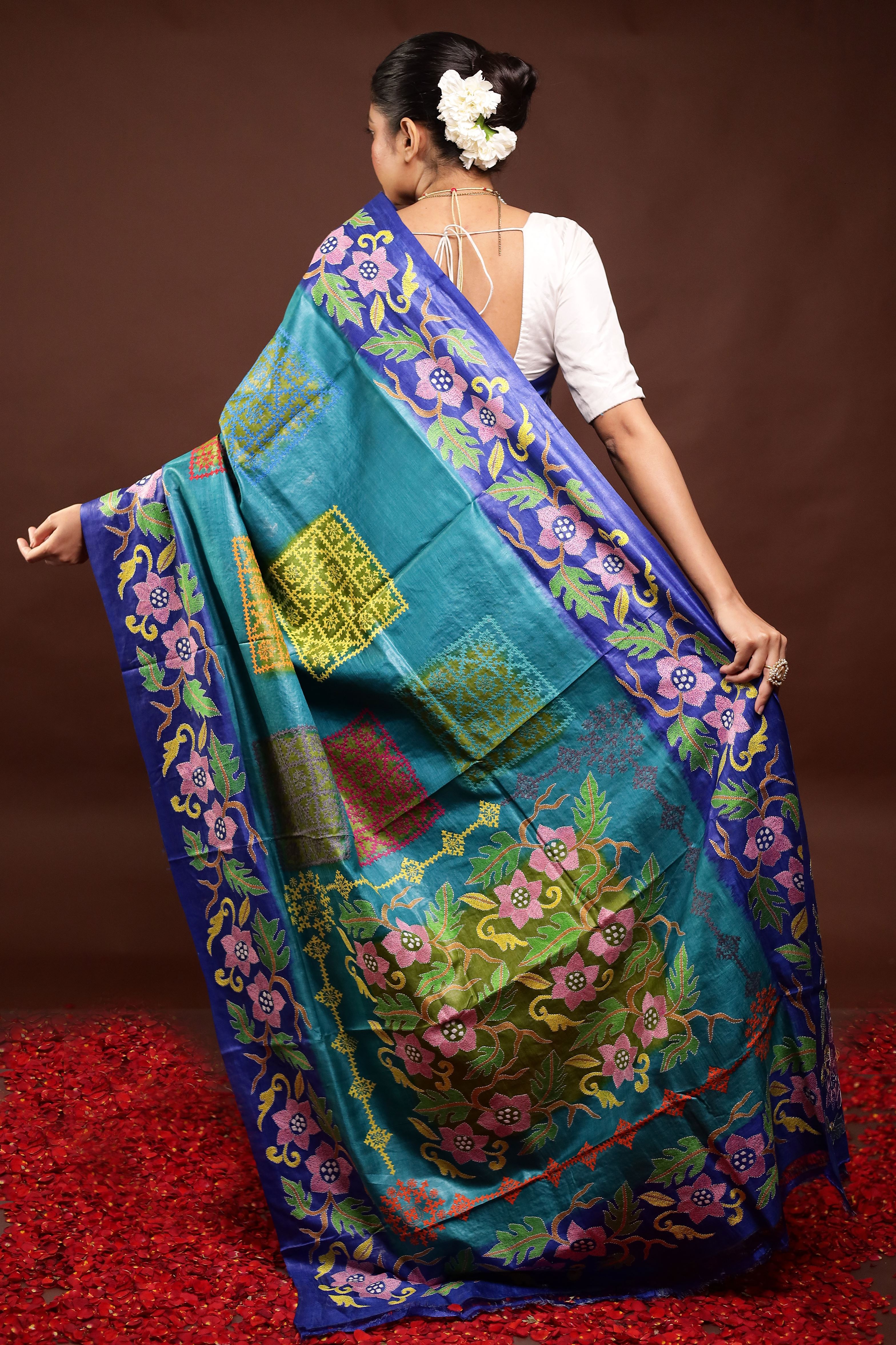 Blue Handloom Kantha Stitch Pure Silk Saree With Blouse Piece