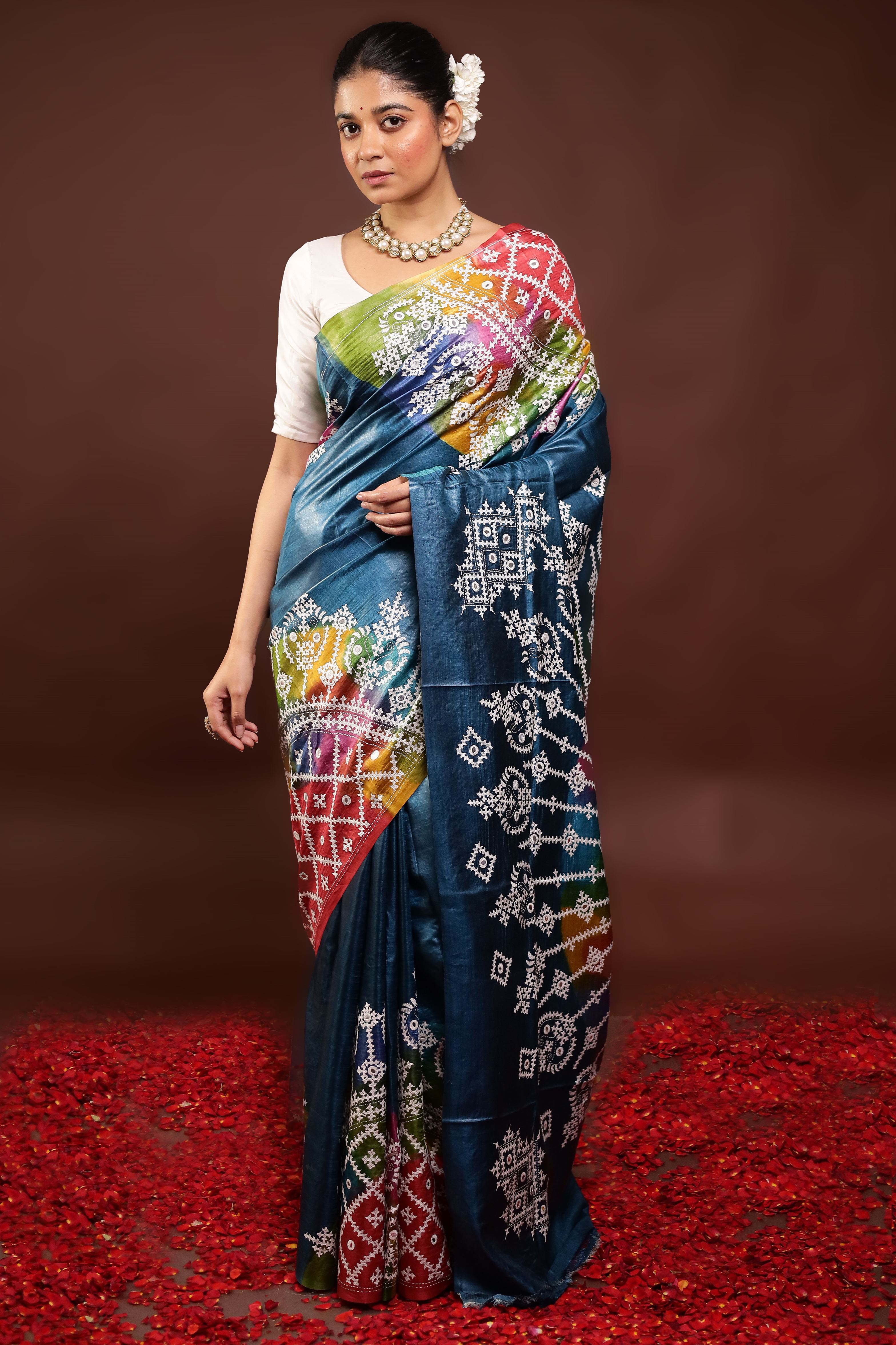 Blue Handloom Kantha Stitch Pure Silk Saree With Blouse Piece