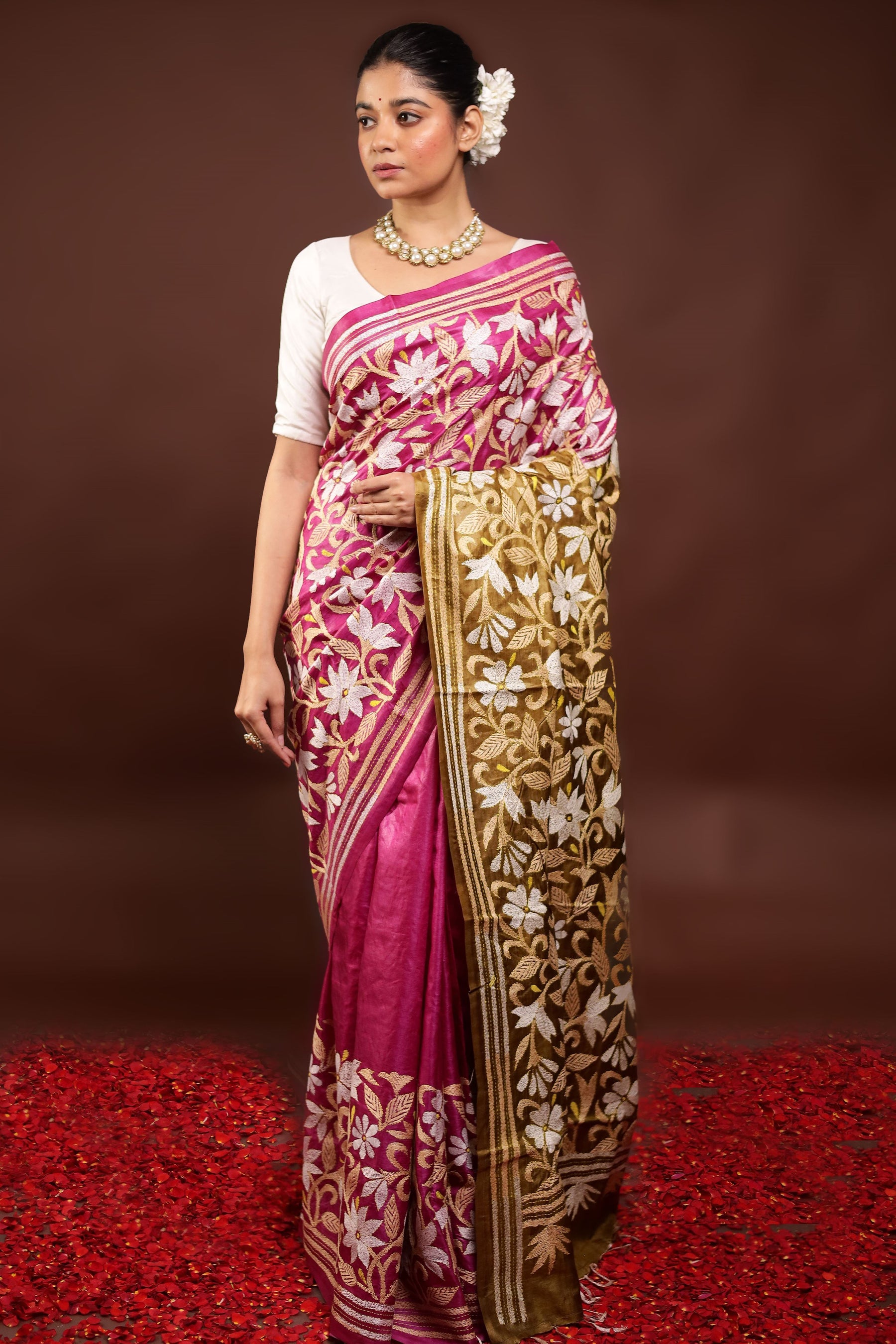 Pink Handloom Kantha Stitch Pure Silk Saree With Blouse Piece