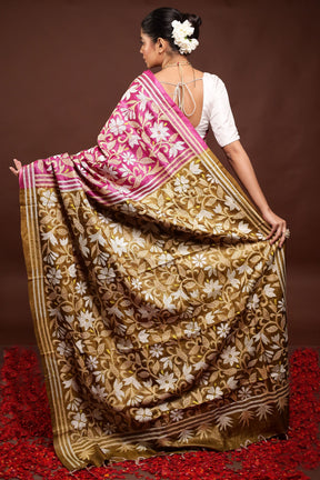 Pink Handloom Kantha Stitch Pure Silk Saree With Blouse Piece