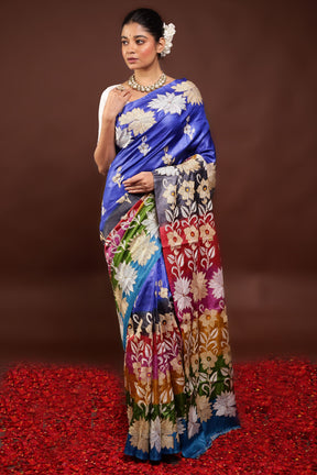 Multicolor Handloom Kantha Stitch Pure Silk Saree With Blouse Piece