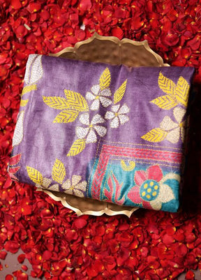 Purple Handloom Kantha Stitch Pure Silk Saree With Blouse Piece