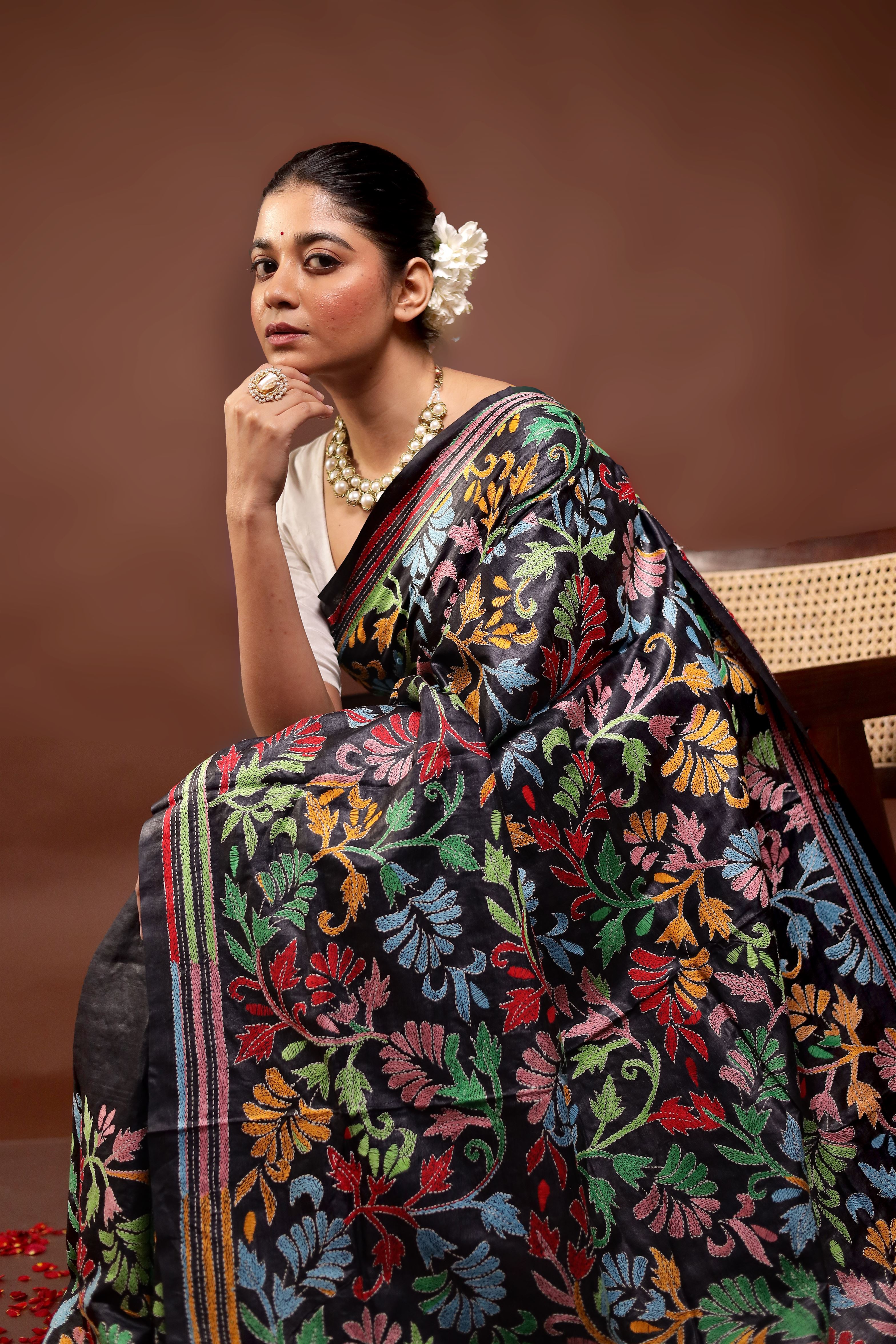 Black Handloom Kantha Stitch Pure Silk Saree With Blouse Piece