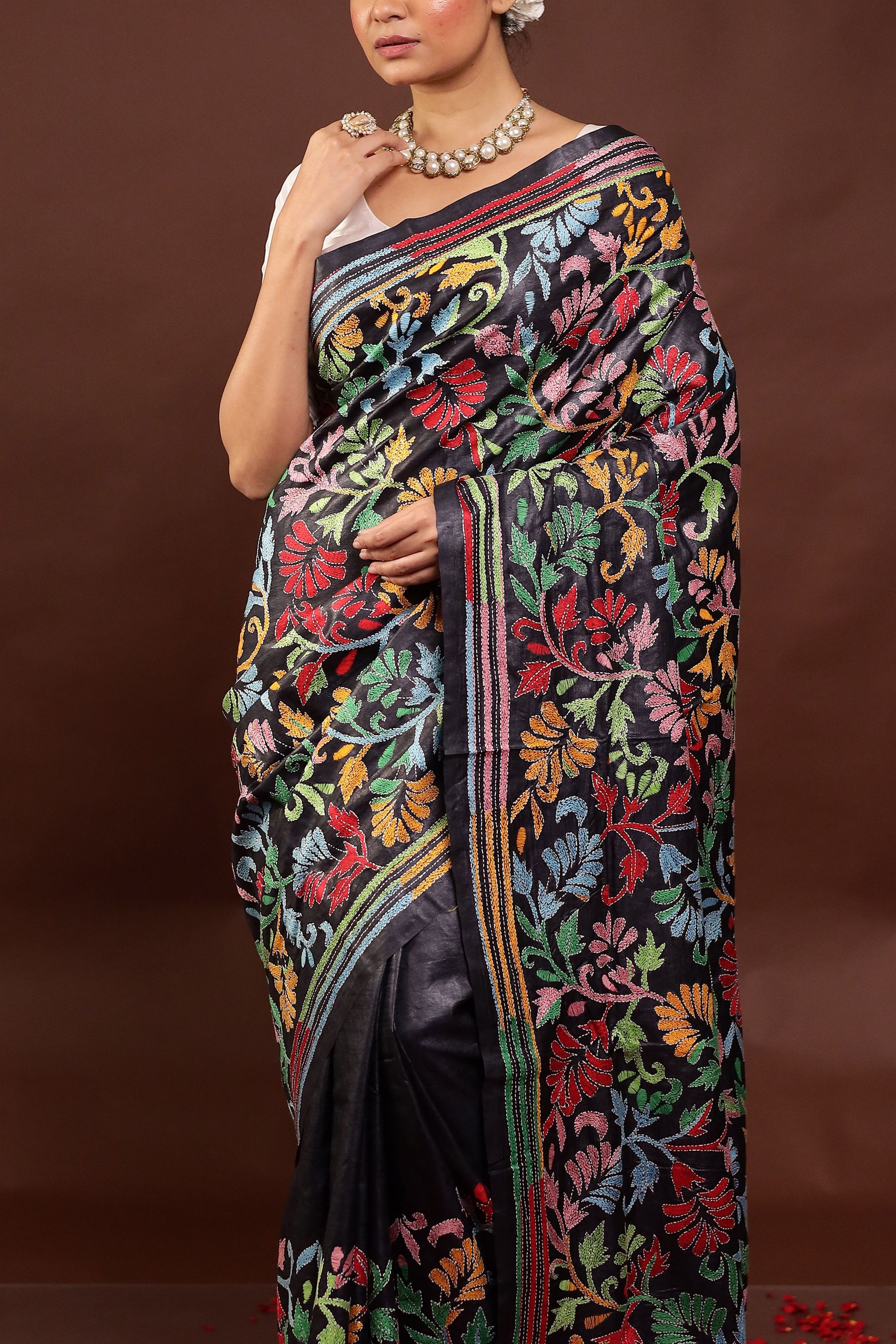 Black Handloom Kantha Stitch Pure Silk Saree With Blouse Piece