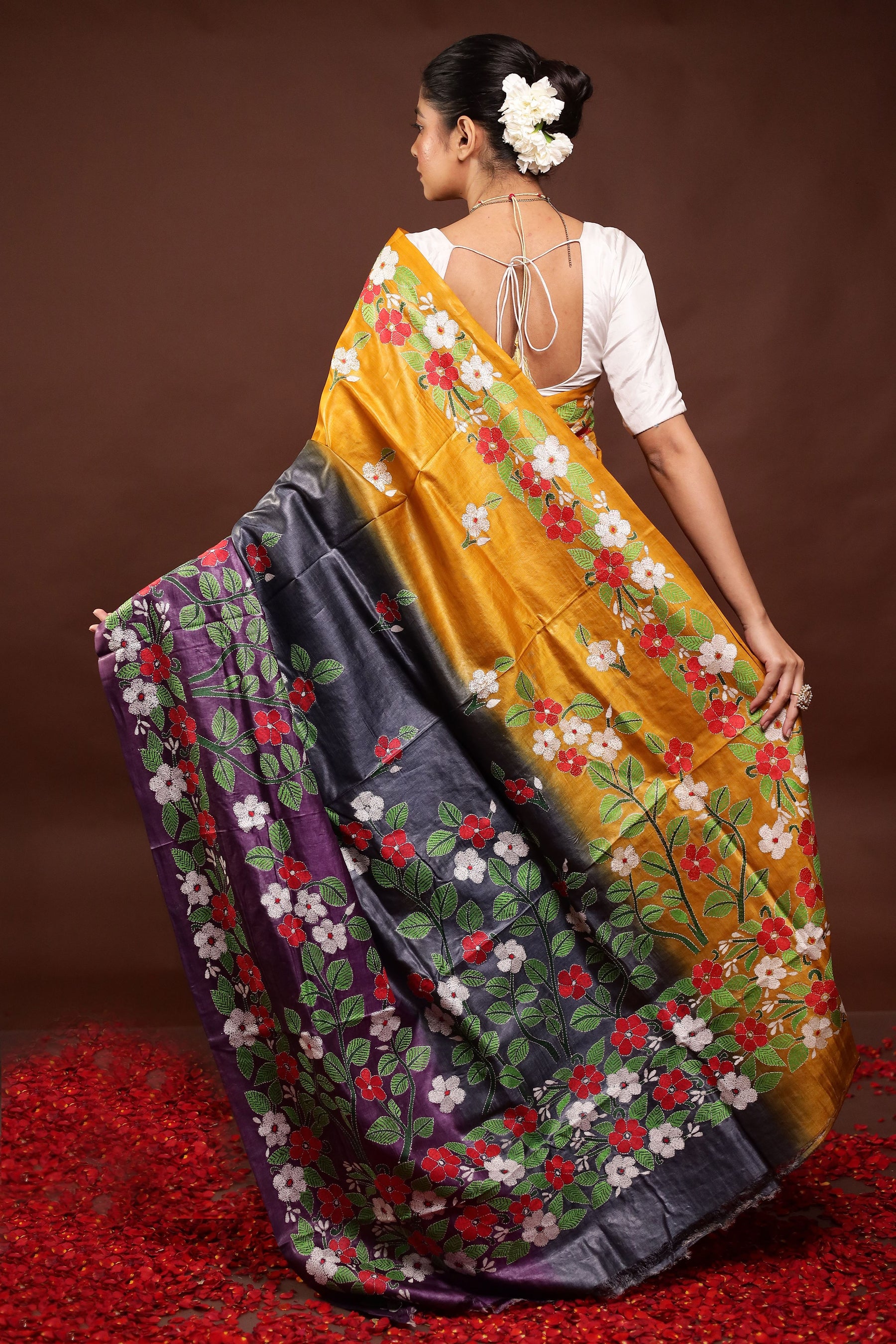 Multicolor Handloom Kantha Stitch Pure Silk Saree With Blouse Piece