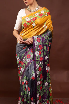 Multicolor Handloom Kantha Stitch Pure Silk Saree With Blouse Piece