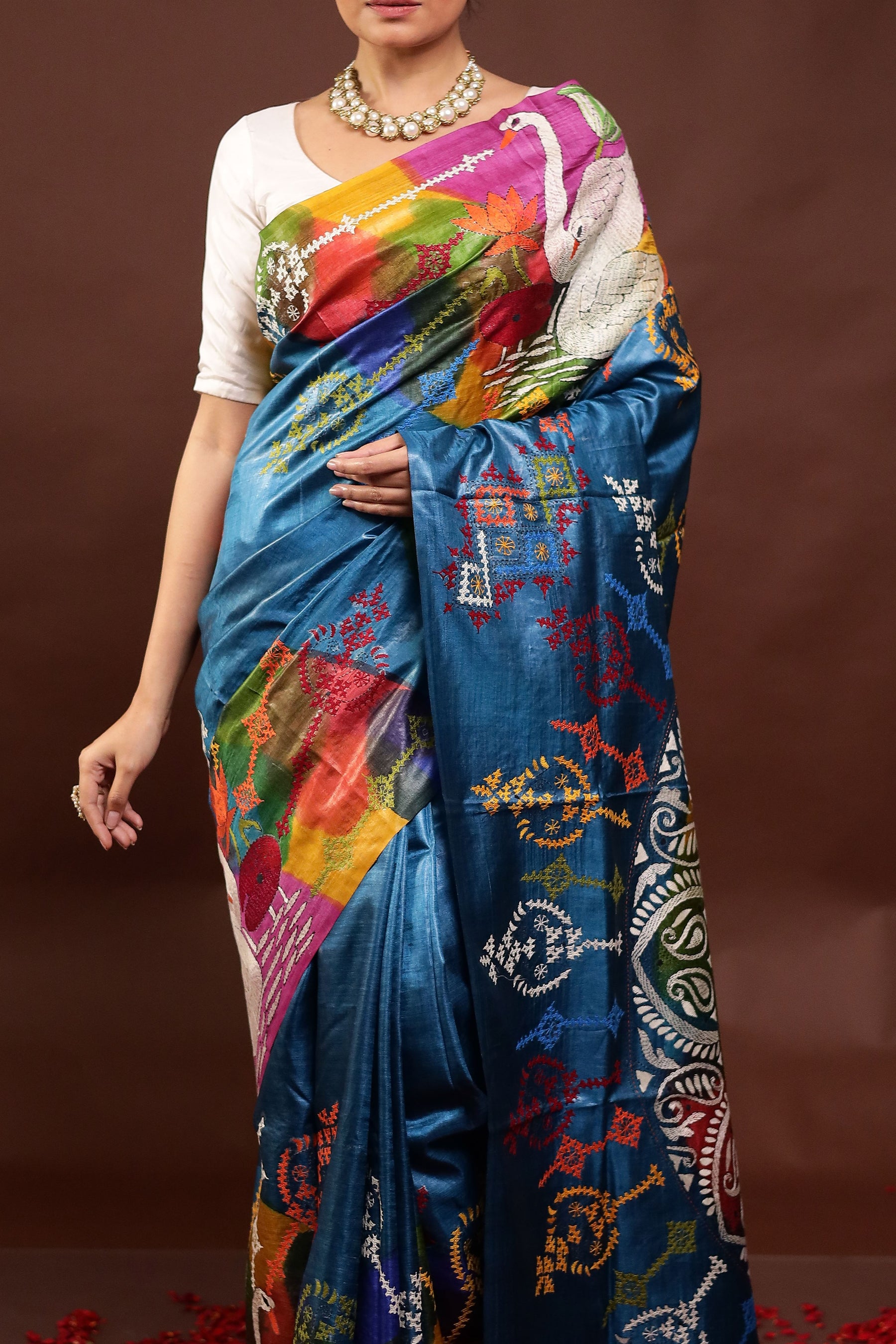 Blue Handloom Kantha Stitch Pure Silk Saree With Blouse Piece