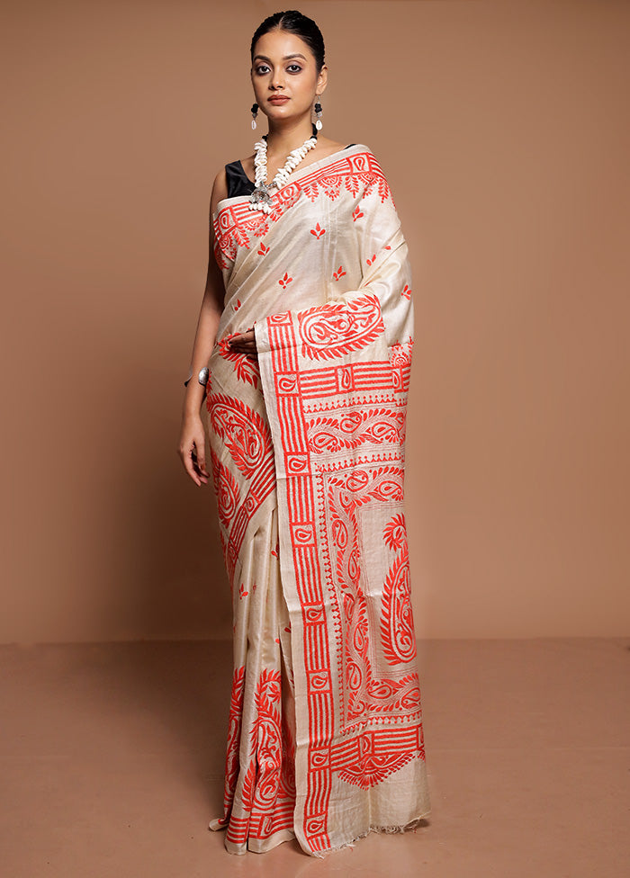 Cream Handloom Kantha Stitch Pure Silk Saree With Blouse Piece