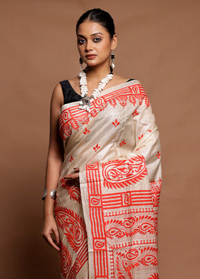 Cream Handloom Kantha Stitch Pure Silk Saree With Blouse Piece