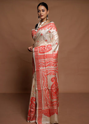 Cream Handloom Kantha Stitch Pure Silk Saree With Blouse Piece