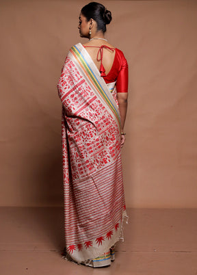 Cream Handloom Kantha Stitch Pure Silk Saree With Blouse Piece