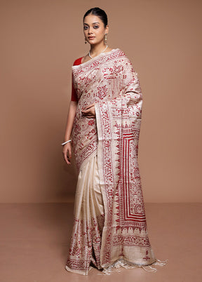 Cream Handloom Kantha Stitch Pure Silk Saree With Blouse Piece