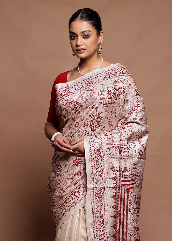 Cream Handloom Kantha Stitch Pure Silk Saree With Blouse Piece