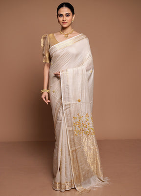 Cream Handloom Tussar Pure Silk Saree With Blouse Piece