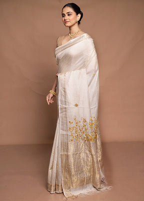 Cream Handloom Tussar Pure Silk Saree With Blouse Piece