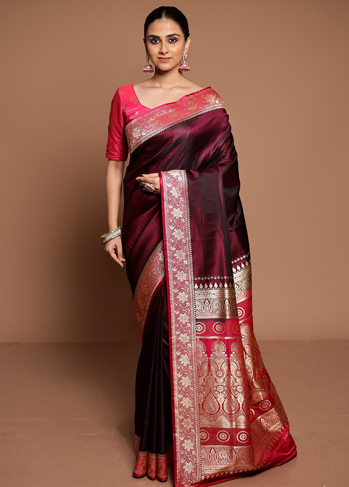 Maroon Banarasi Silk Saree With Blouse Piece