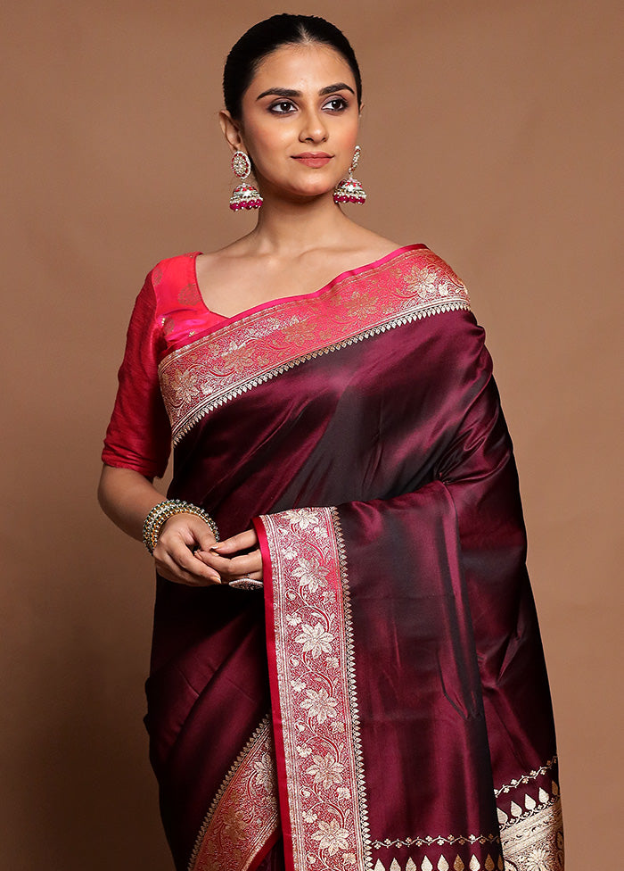 Maroon Banarasi Silk Saree With Blouse Piece