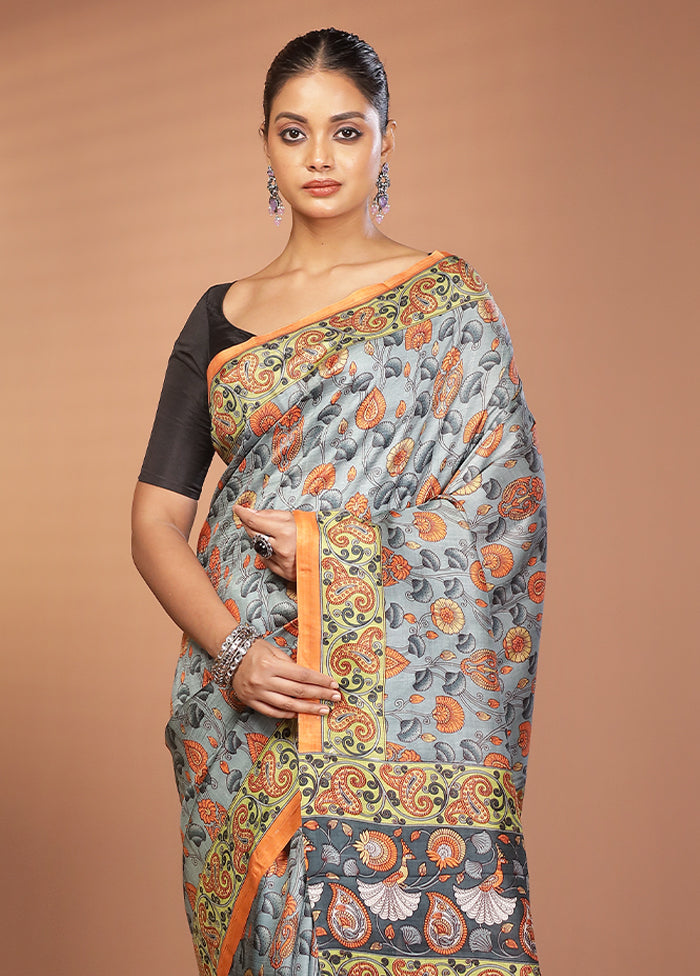 Blue Printed Pure Silk Saree Without Blouse Piece