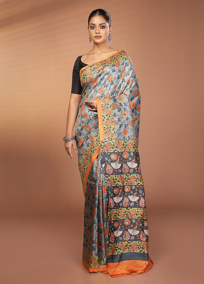 Blue Printed Pure Silk Saree Without Blouse Piece