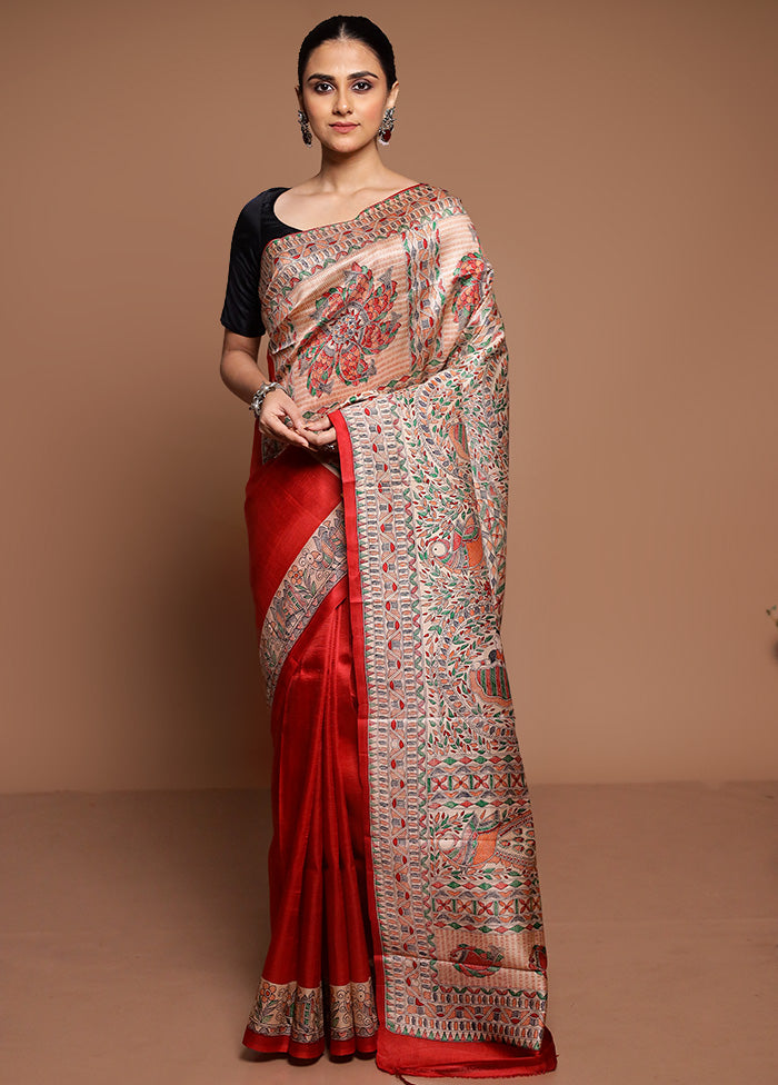 Red Printed Pure Silk Saree Without Blouse Piece