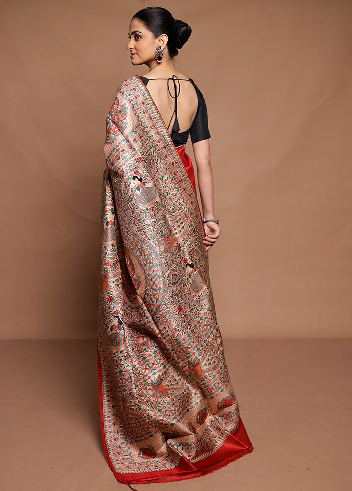 Red Printed Pure Silk Saree Without Blouse Piece