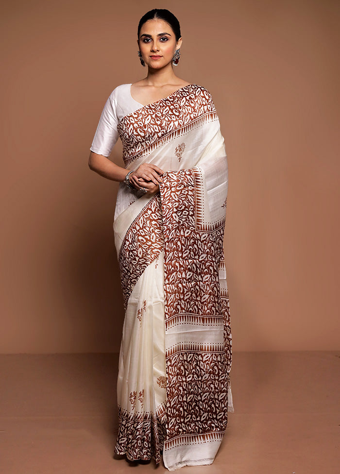 White Printed Pure Silk Saree Without Blouse Piece