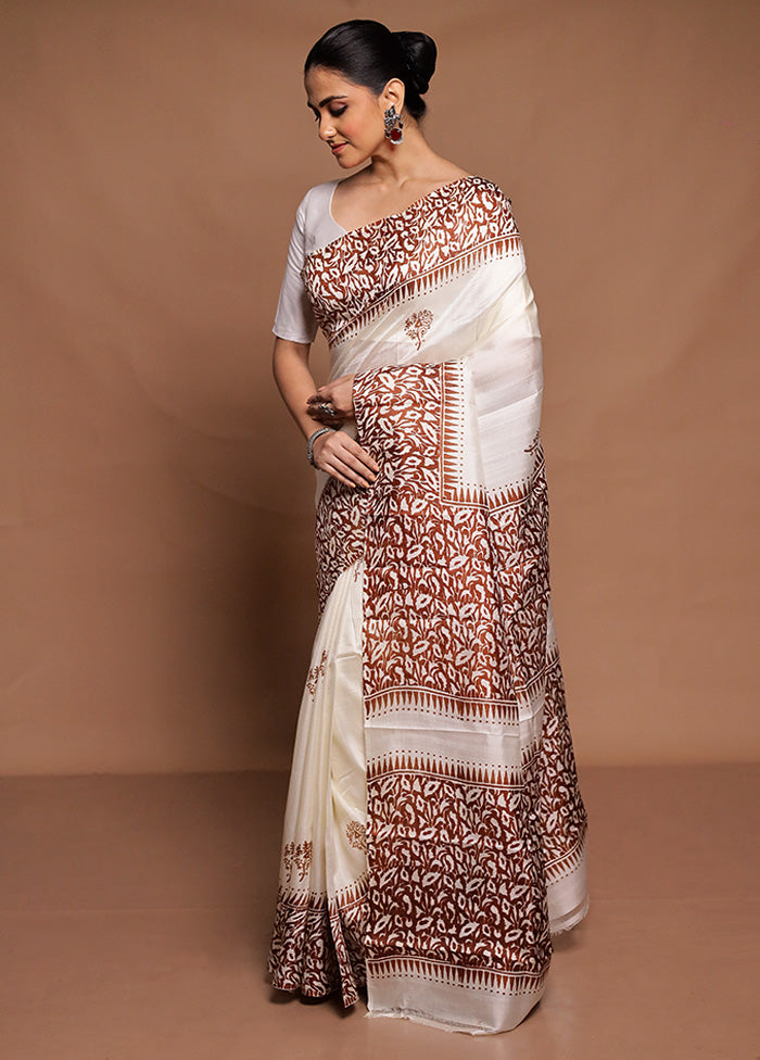 White Printed Pure Silk Saree Without Blouse Piece