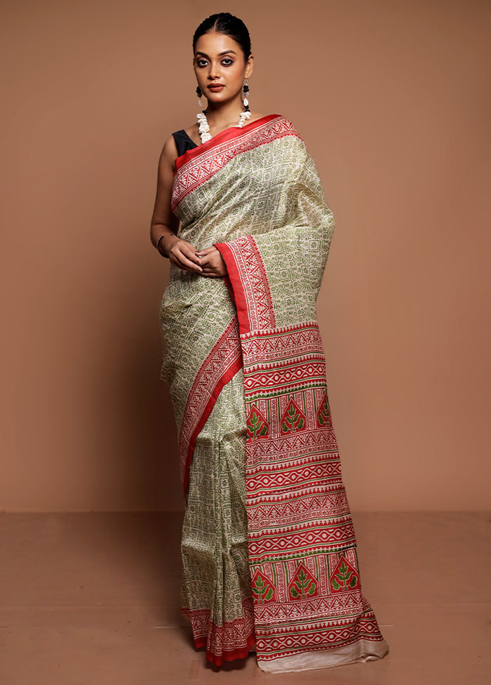 Cream Printed Pure Silk Saree Without Blouse Piece