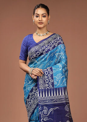 Blue Printed Pure Silk Saree Without Blouse Piece