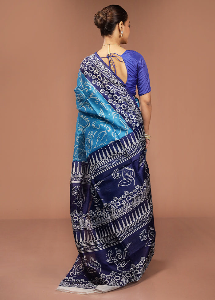 Blue Printed Pure Silk Saree Without Blouse Piece