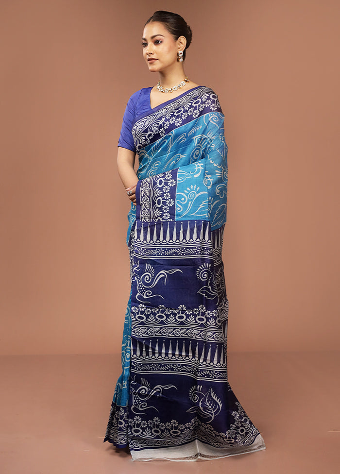 Blue Printed Pure Silk Saree Without Blouse Piece