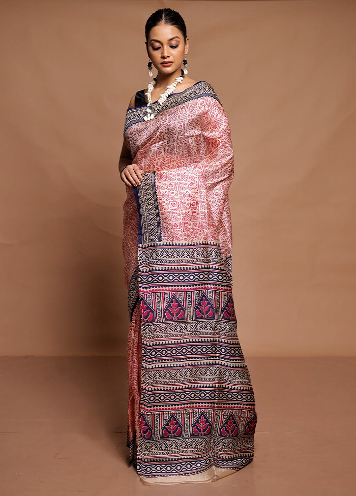 Cream Printed Pure Silk Saree Without Blouse Piece