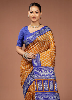 Yellow Printed Pure Silk Saree Without Blouse Piece