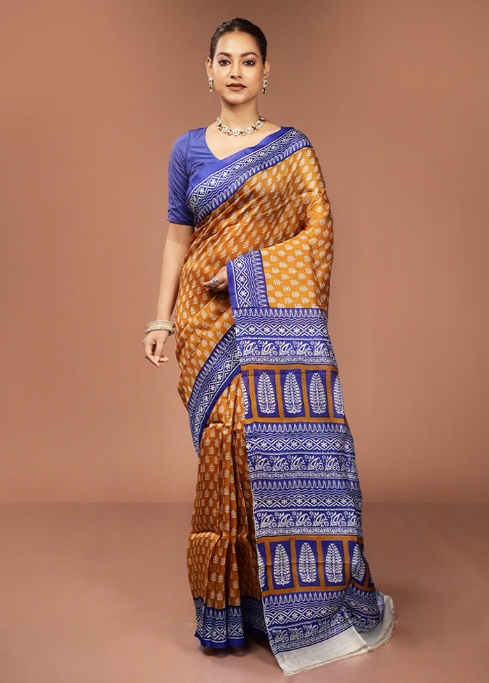 Yellow Printed Pure Silk Saree Without Blouse Piece