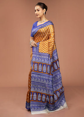 Yellow Printed Pure Silk Saree Without Blouse Piece