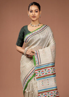 Cream Printed Pure Silk Saree Without Blouse Piece