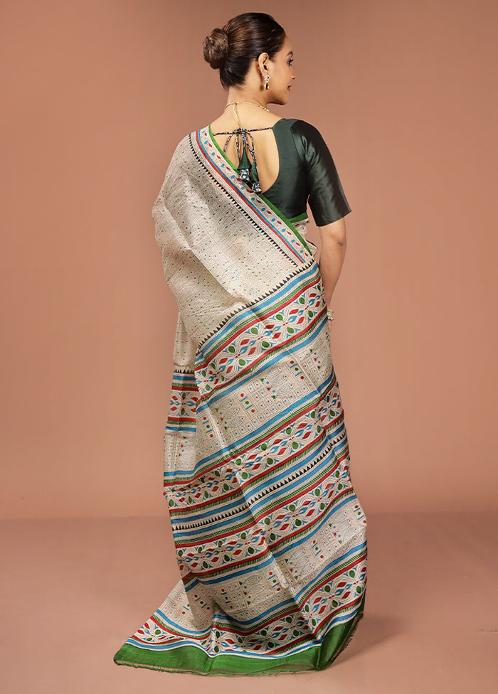 Cream Printed Pure Silk Saree Without Blouse Piece