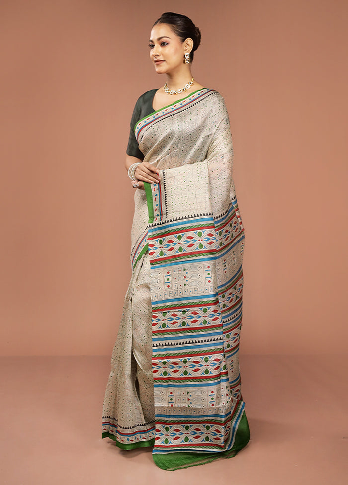 Cream Printed Pure Silk Saree Without Blouse Piece