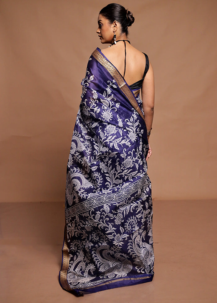 Blue Printed Pure Silk Saree Without Blouse Piece